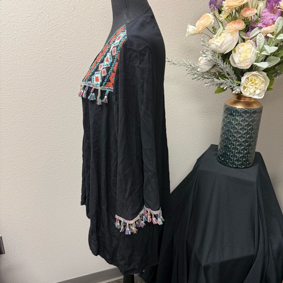 Lilypad Boho Kimono Cardigan | Black Tassel Trim Embroidered Festival Jacket - Picture 3 of 7